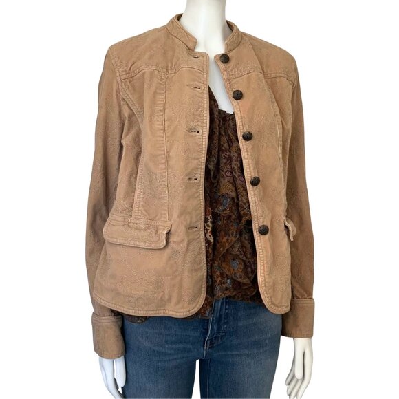 Vintage Y2K Tan Corduroy Jacket Tonal Floral Embroidered Medium Boho Cottagecore - Picture 2 of 13